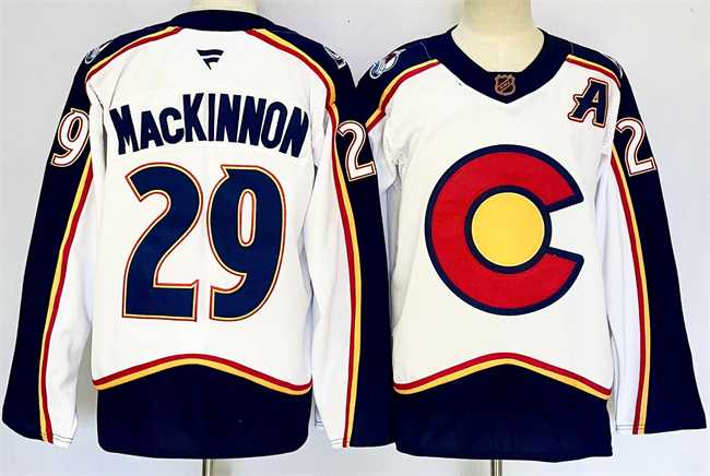 Mens Colorado Avalanche #29 Nathan MacKinnon White Alternate With A Patch Reverse Retro Stitched Jersey